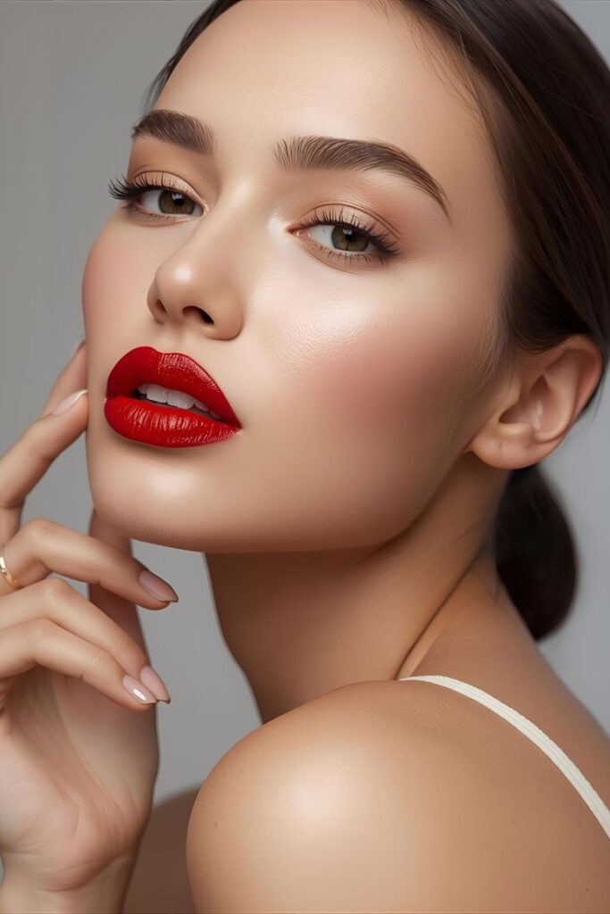 soft glam makeup look with red lips natural skin glow beauty aesthetic